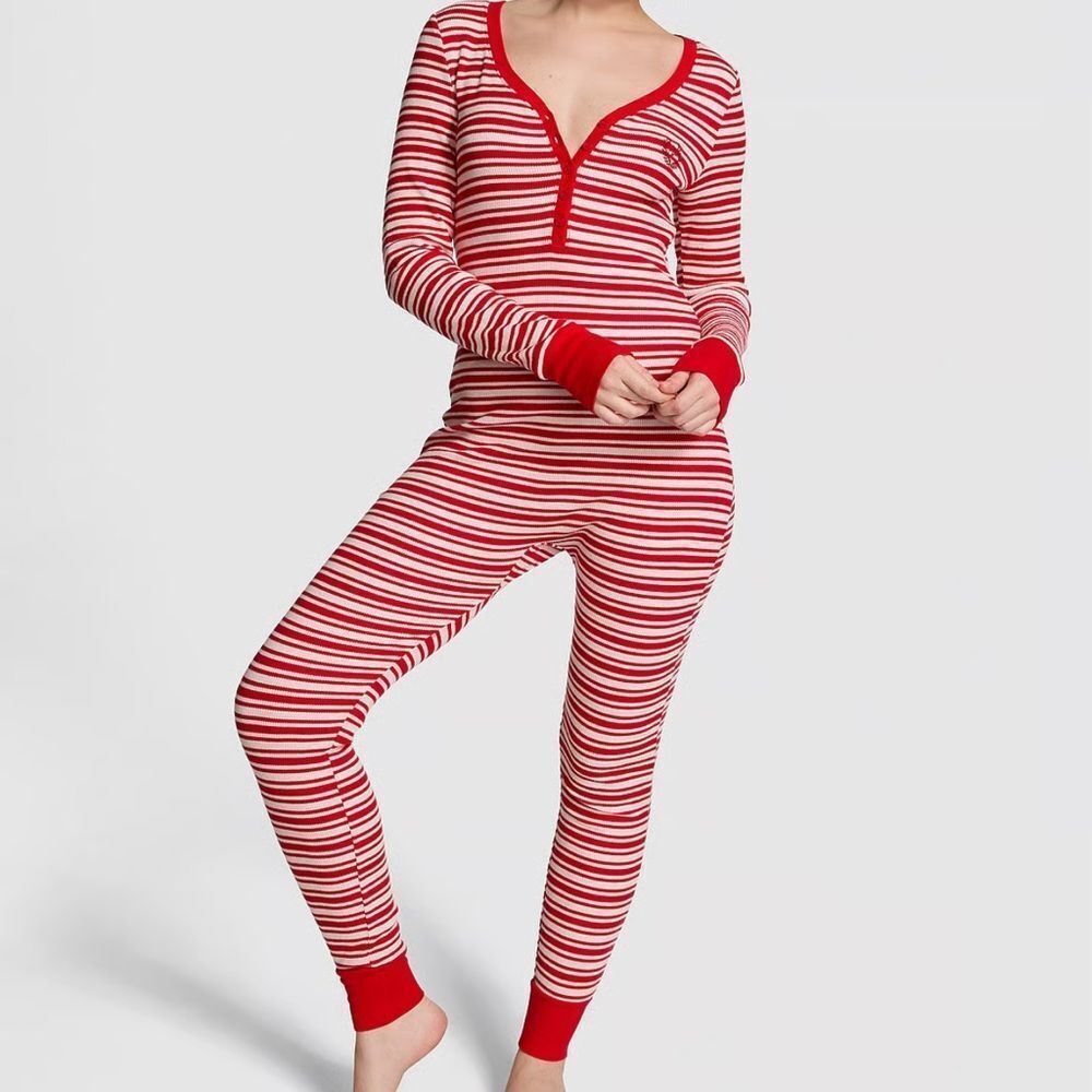 🔥PINK Victoria's Secret Red and White Striped Pajama Set jumpsuit sz XL New